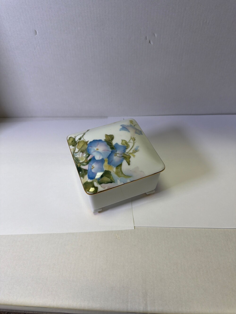 Porcelain Trinket Box Blue Floral Gold Trim Square Vintage